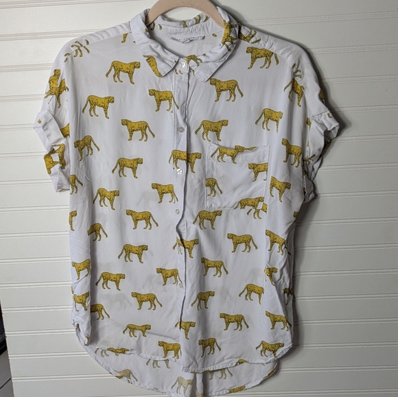 Jane & Delancey Cheetah Animal Print White Yellow Button Down Shirt Large - Picture 2 of 9